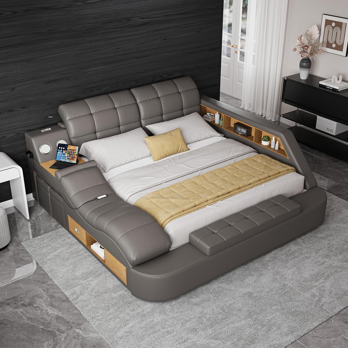Luxury Grey Smart King Bed Frame with Massage Recliner