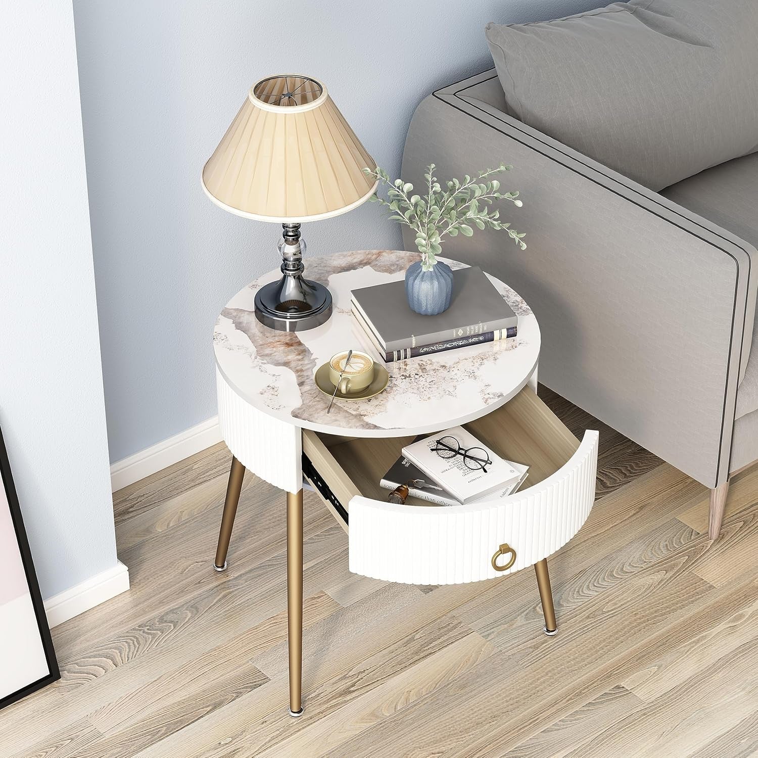 round Nightstand with Drawer, Modern Side Table with Marbling Natural Stone Tabletop and Metal Legs, Small End Table with Storage for Living Room and Bedroom, Gold