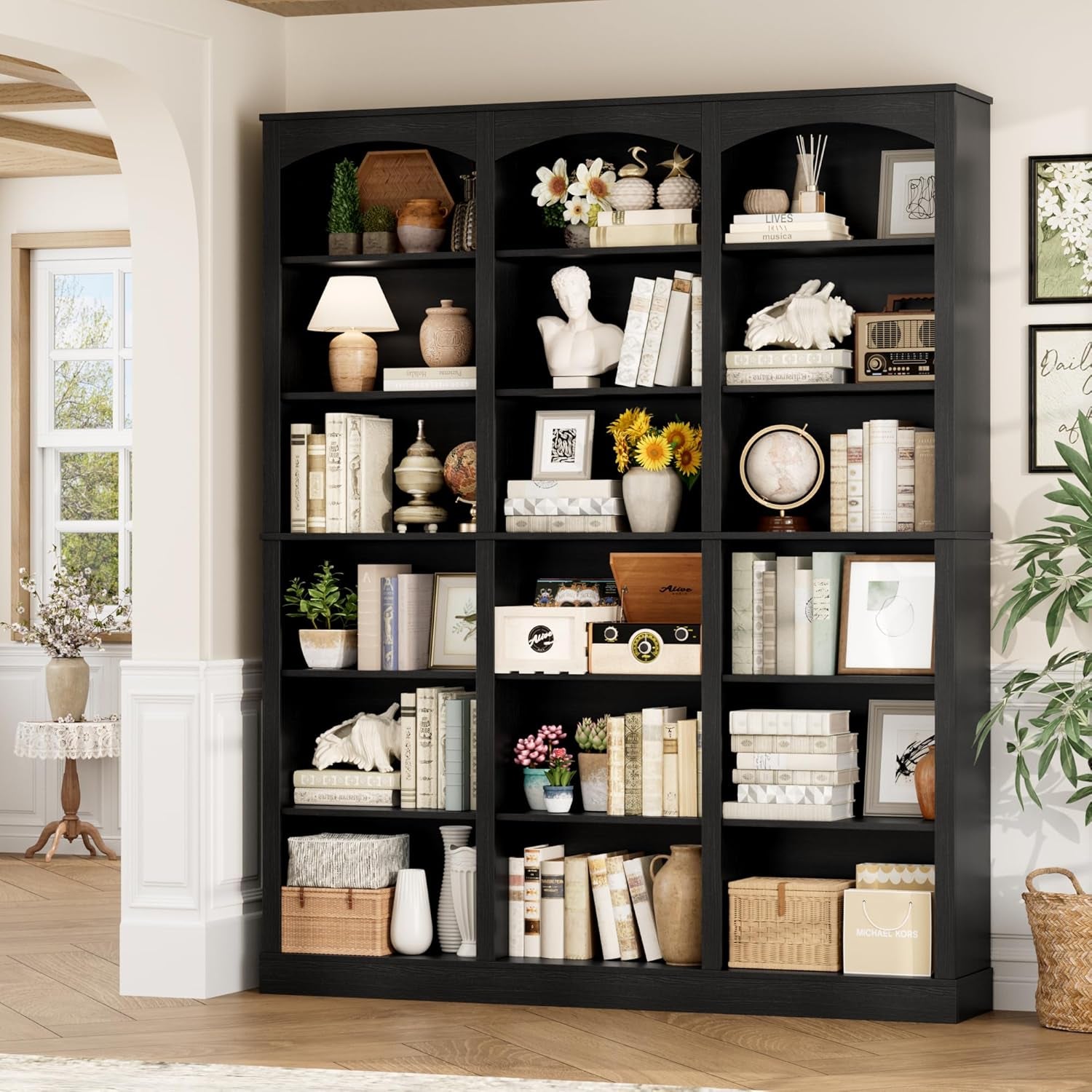71" Triple Wide Bookshelf, 6 Tier Tall Bookshelf, Large Book Shelf with Curved Baffle, 63.4" Wide Bookcase with 18 Open Display Shelves for Living Room, Study, Black