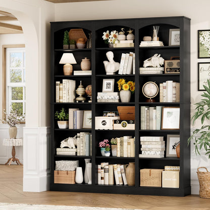 71" Triple Wide Bookshelf, 6 Tier Tall Bookshelf, Large Book Shelf with Curved Baffle, 63.4" Wide Bookcase with 18 Open Display Shelves for Living Room, Study, Black