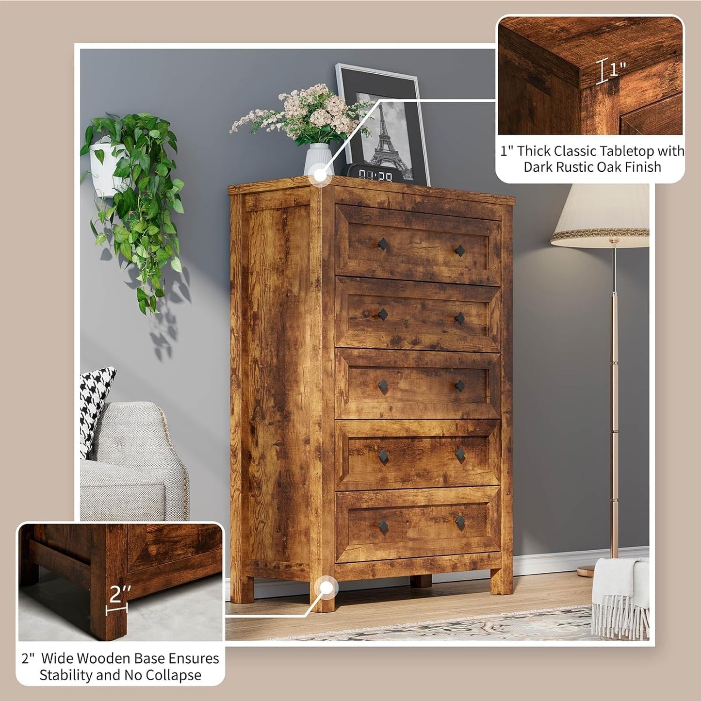 5-Piece Bedroom Set, 1 X Queen Size Bed Frame, 1 X 5 Drawer Dresser, 1 X 6 Drawer Storage Dresser, Nightstand Set of 2 with Charging Station, Farmhouse Bedroom Furniture, Rustic Brown