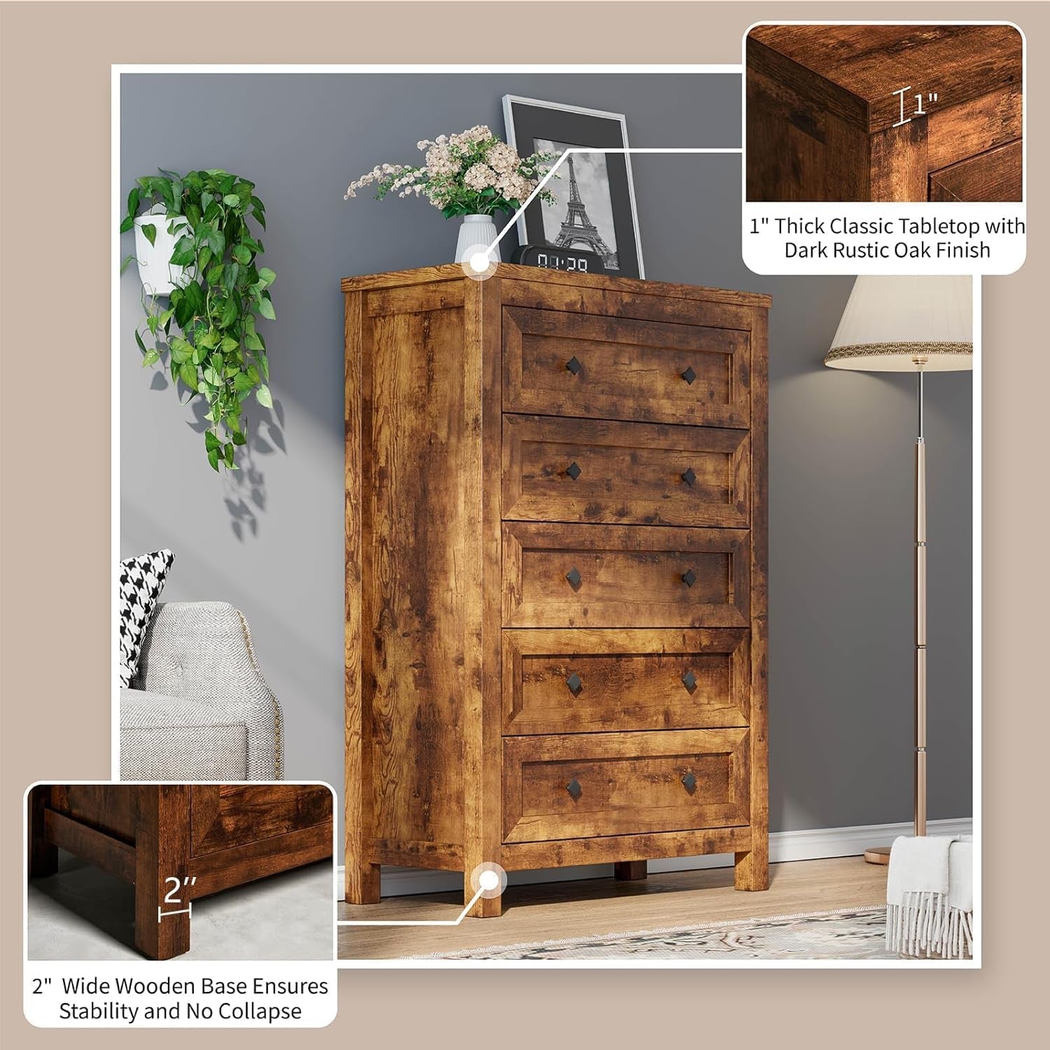 5-Piece Bedroom Set, 1 X Queen Size Bed Frame, 1 X 5 Drawer Dresser, 1 X 6 Drawer Storage Dresser, Nightstand Set of 2 with Charging Station, Farmhouse Bedroom Furniture, Rustic Brown