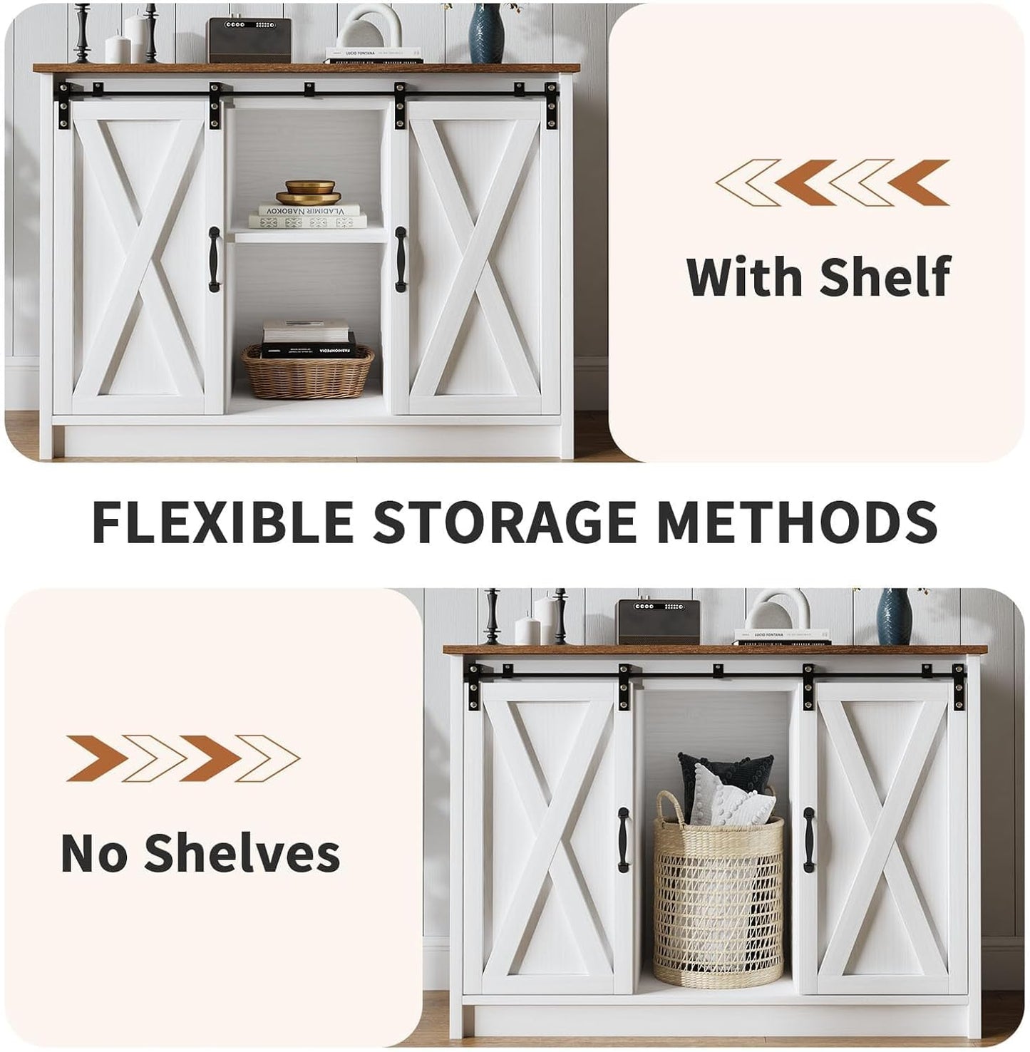Coffee Bar Cabinet with Sliding Barn Doors, 42”Farmhouse Buffet Cabinet with Storage for Kitchen, Coffee Bar with Adjustable Shelf for Dining Room, White