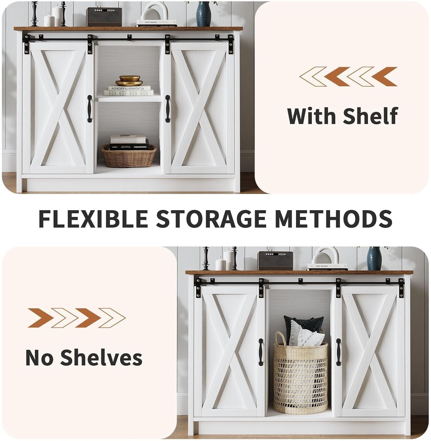Coffee Bar Cabinet with Sliding Barn Doors, 42”Farmhouse Buffet Cabinet with Storage for Kitchen, Coffee Bar with Adjustable Shelf for Dining Room, White