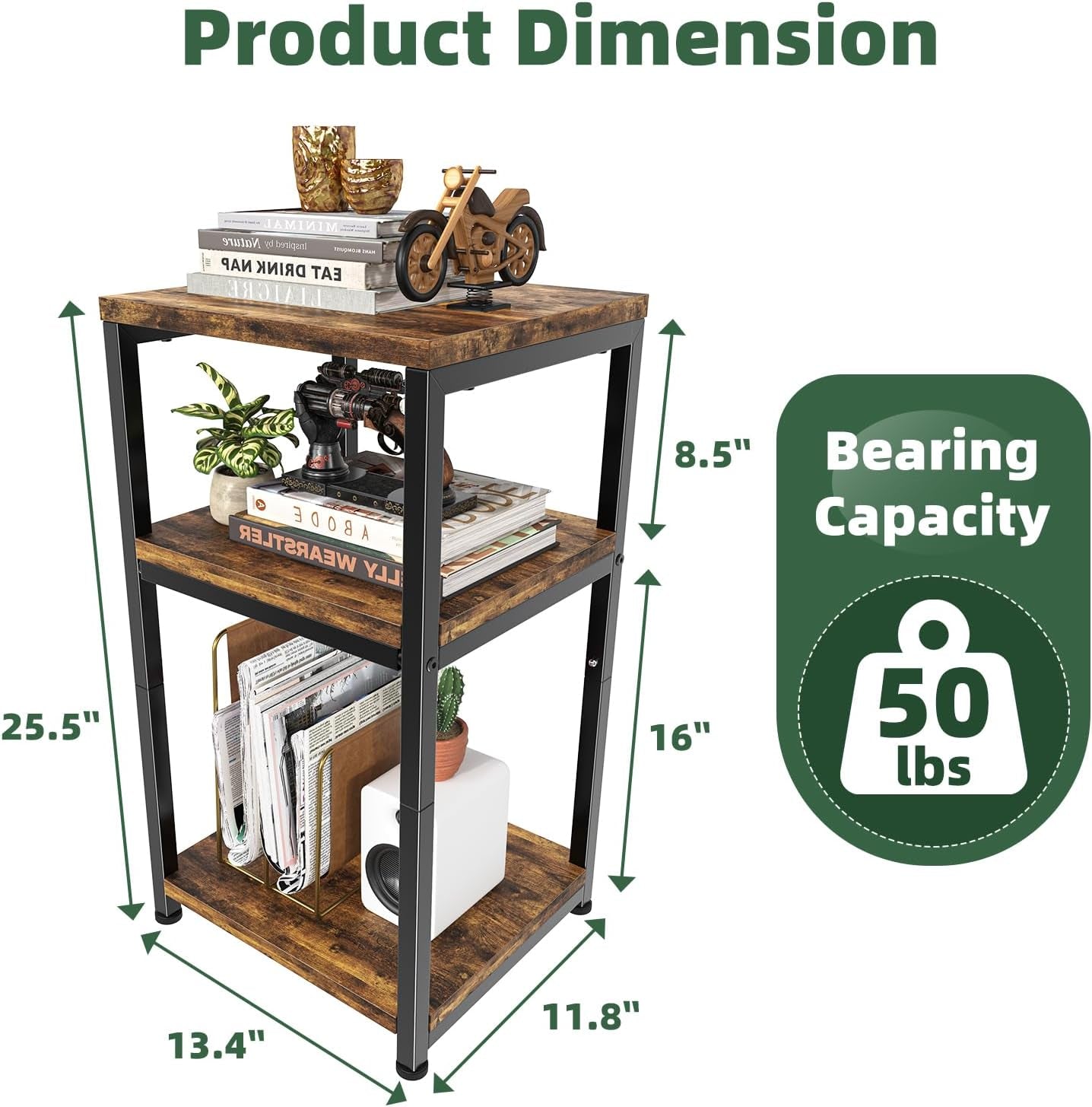 3 Tier Side Table, End Table Night Stand Sofa Table Shelf for Living Room, Rustic Brown