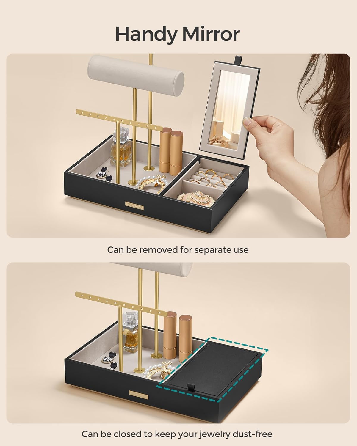 Jewelry Holder, Jewelry Organizer, Jewelry Display Stand, Metal Earring Organizer with Mirror, with Necklace Earring Bracelet Holder, for Rings, Gift Idea, Black and Gold UJJS022B01