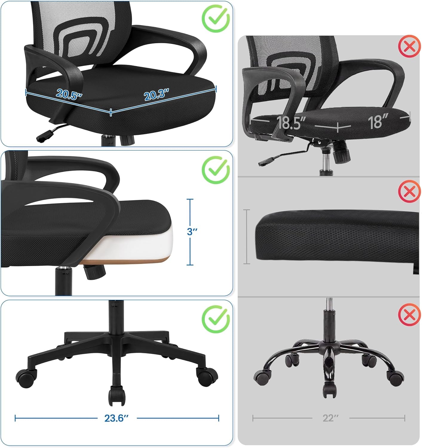 Mid-Back Mesh Office Chair Adjustable Ergonomic Computer Task Chair Swivel Rolling with Lumbar Support Armrest for Home Office Work Study, Black