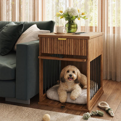 3-in-1 Dog Crate End Table with Charging Station & Drawer (Antique Brown)