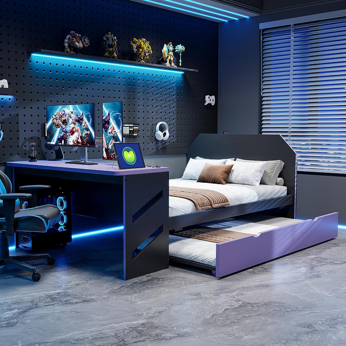 JIVOIT Full Size Daybed with Twin Size Trundle, Wood Daybed with Desk and Cable Management, Stylish Gaming-Inspired Design Sofa Bed, No Box Spring Needed