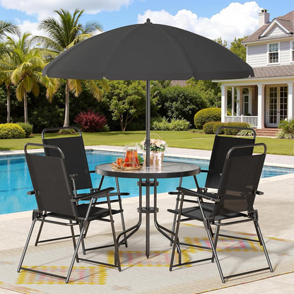 6 Piece Patio Dining Set with Umbrella, Outdoor Furniture Set with 4 Folding Chairs and Tempered Glass Top Dining Table fot Lawn Backyard Garden Porch Black
