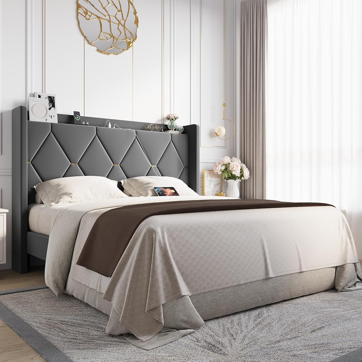 Queen Bed Frame with Storage Headboard & Charging Station
