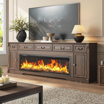 95" Fireplace Farmhouse TV Stand with 60" Electric Fireplace w Remote,Brown