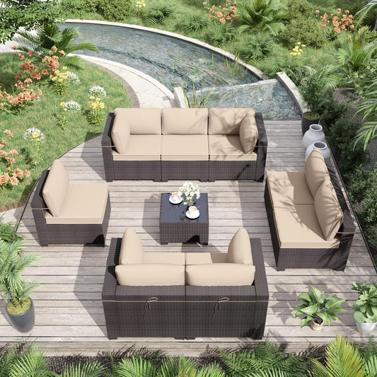 9 Pieces Patio Furniture Set Wicker Patio Conversation Set with 4 Corner Sofas, Outdoor Sectional Furniture w/Coffee Table & Washable Seat Cushions-Sand