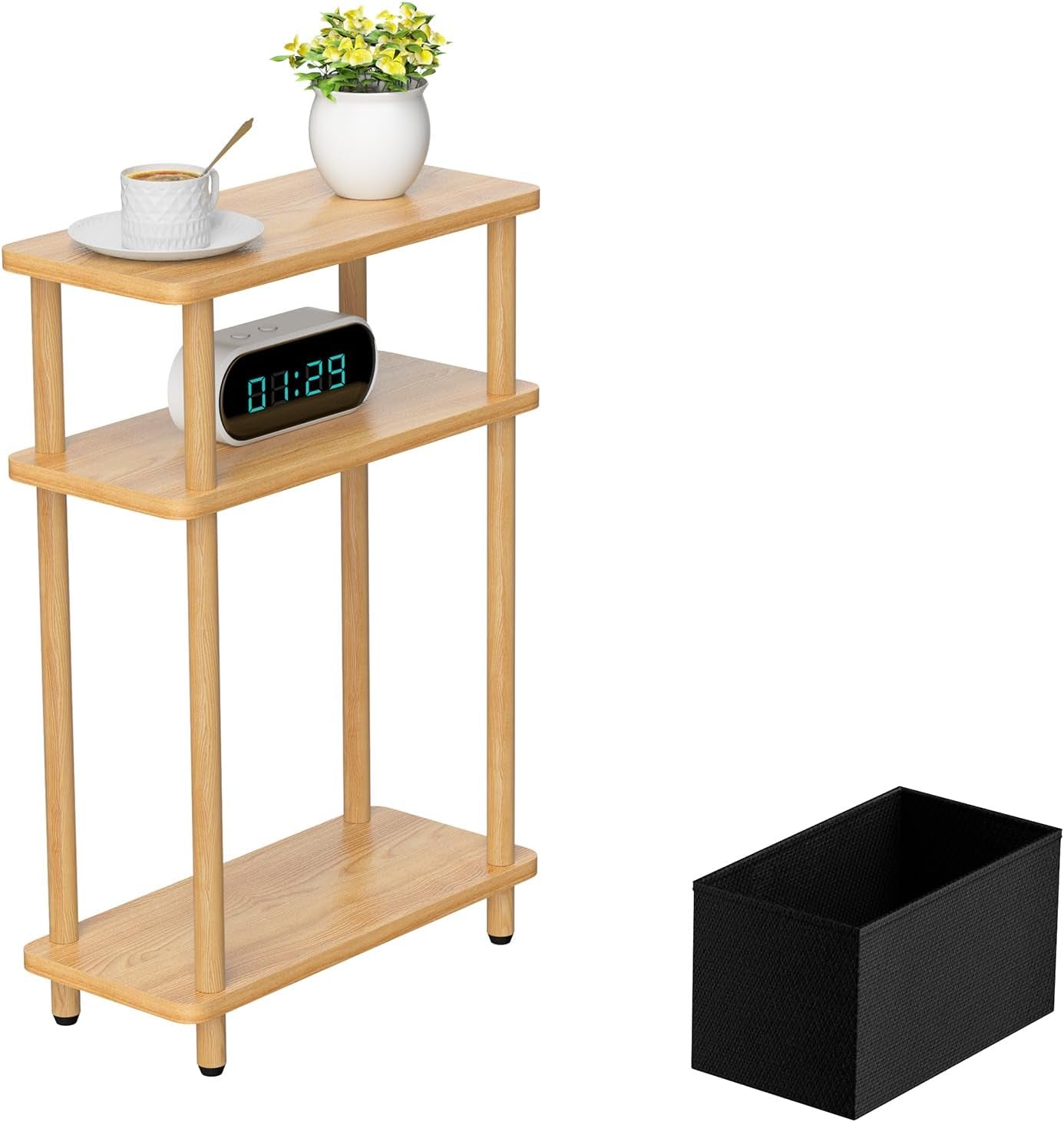 Narrow Side Table with Fabric Basket, 7" Wide, 3 Tier Skinny End Table with Wood Legs, Slim Nightstand/Bedside Table for Small Spaces, with Adjustable Feet, 15.7" L X 23" H