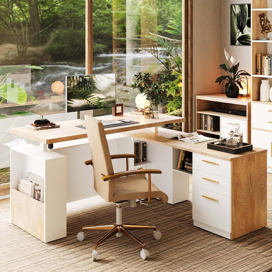 L Shaped Standing Desk with File Drawers, 1.18" One Piece Desktop