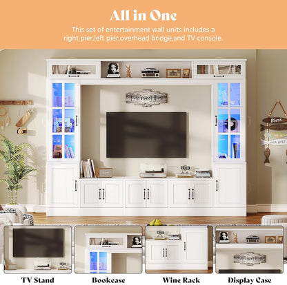 98" W Wall Unit TV Stand with Storage for Tvs up to 80", Modern TV Console with LED Lights, Entertainment Center with Bookshelves for Living Room, White