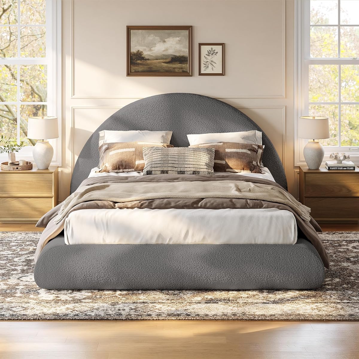 Queen Upholstered Platform Bed Frame with Arched Boucle Headboard