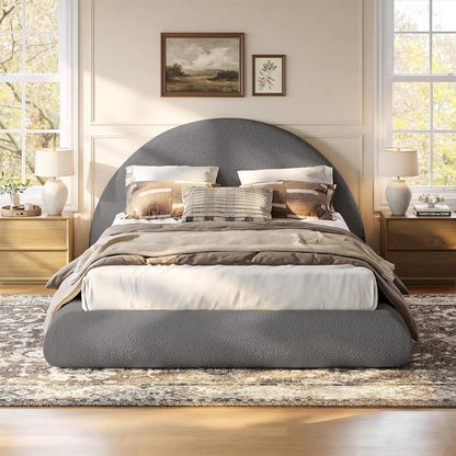 Queen Upholstered Platform Bed Frame with Arched Boucle Headboard