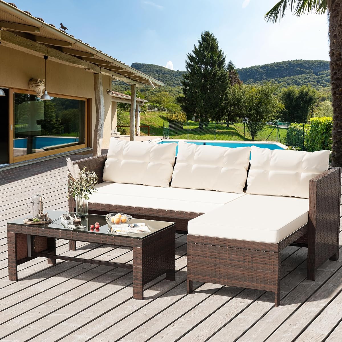 3-Piece Outdoor Patio Furniture Sets, Wicker Patio Conversation Sets, All Weather Wicker Rattan Patio Seating Sofas with Glass Coffee Table and Cushion, Beige