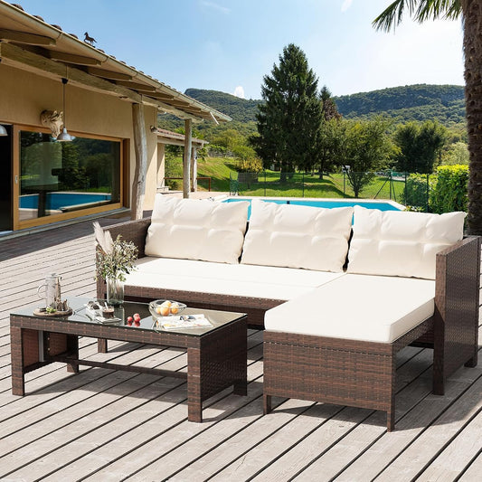 3-Piece Outdoor Patio Furniture Sets, Wicker Patio Conversation Sets, All Weather Wicker Rattan Patio Seating Sofas with Glass Coffee Table and Cushion, Beige