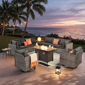11 Piece Outdoor Patio Furniture Set with Fire Pit Table,Conversation Sectional Wicker Couch with Swivel Chairs,Modern Outside Sofa for Balcony Backyard, Black