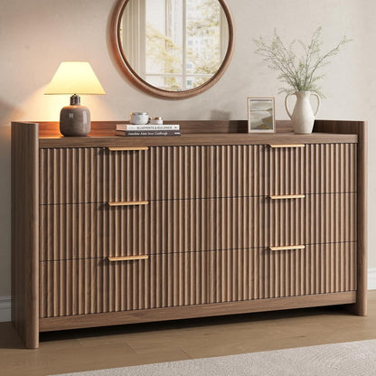 6 Drawer Dresser for Bedroom, Fluted Dressers with Rounded Edge & Raised Lip Top