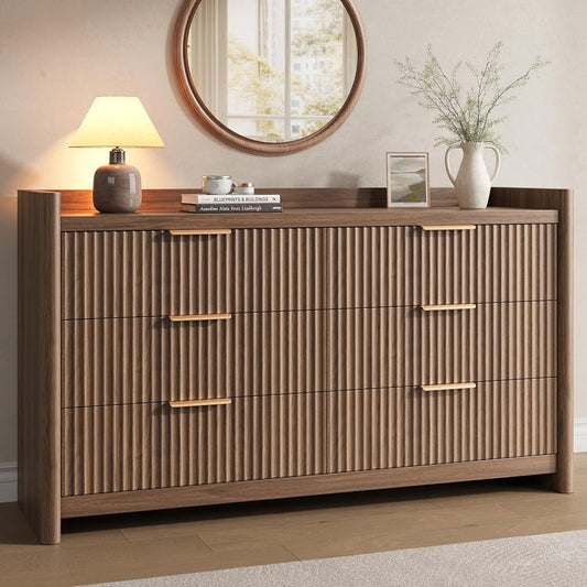 6 Drawer Dresser for Bedroom, Fluted Dressers with Rounded Edge & Raised Lip Top
