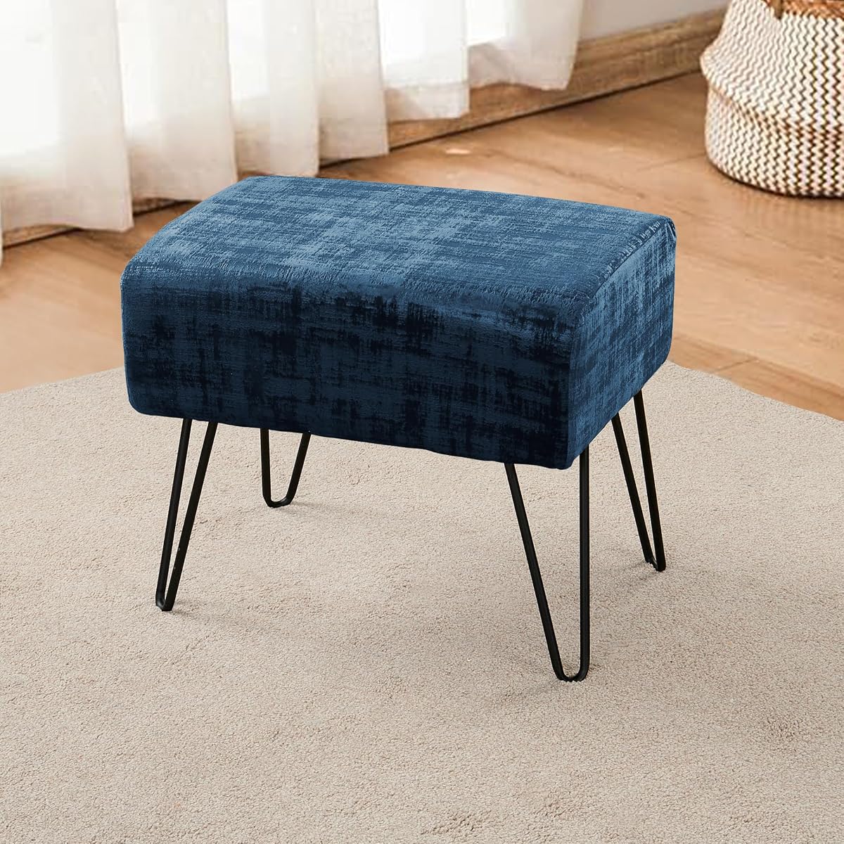 Majolica Blue Fuzzy Velvet Ottoman, 19" Rectangular Foot Rest Stool for Living Room, Small Space Entryway Bench Shoes for Bedroom End of Bed, Decorative Makeup Stool for Adults