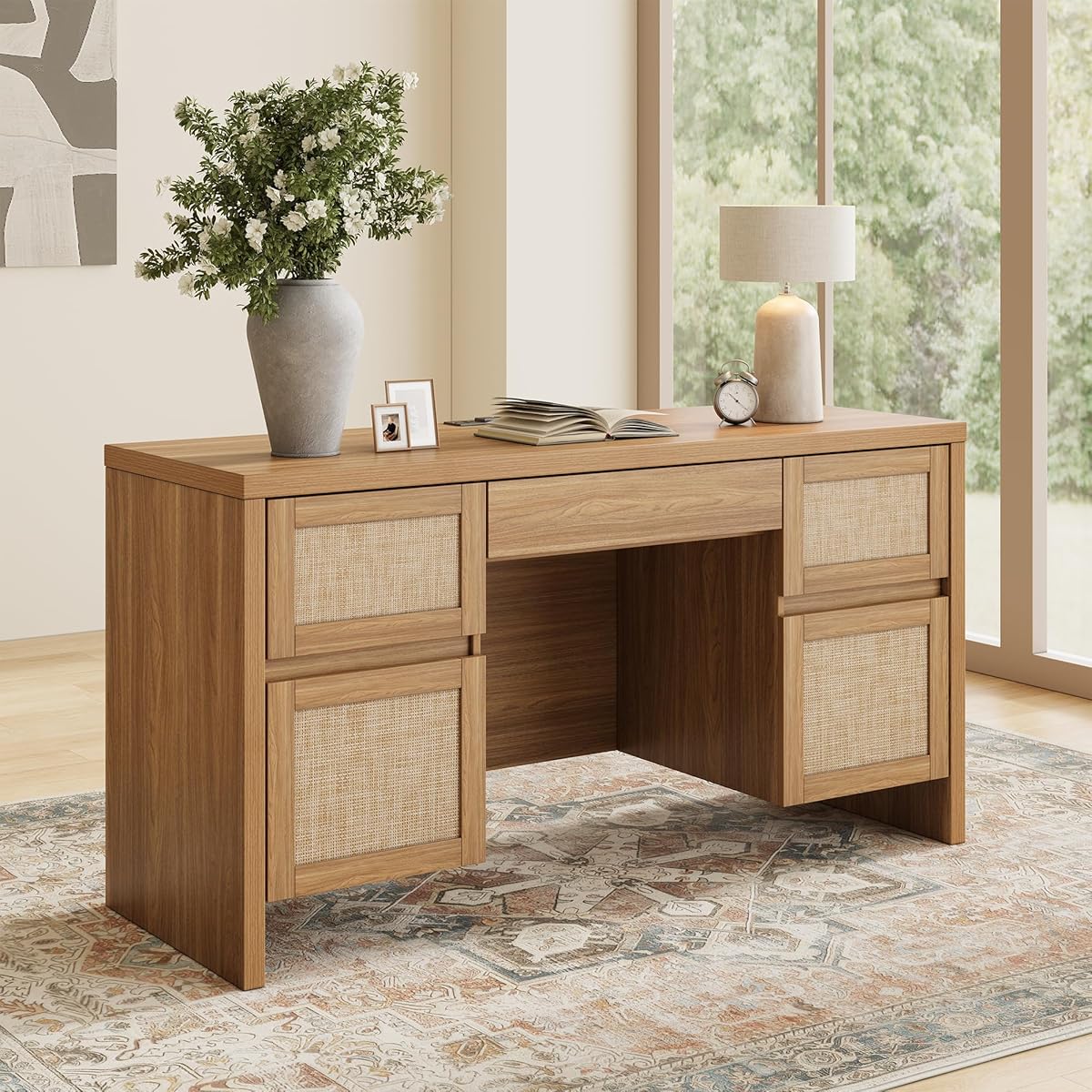 Executive Desk with 5 Drawers, 57" Modern Rattan Home Office Desk with Charging Station, File Drawer, Farmhouse Boho Computer Writing Desk for Study, Work, Walnut Brown