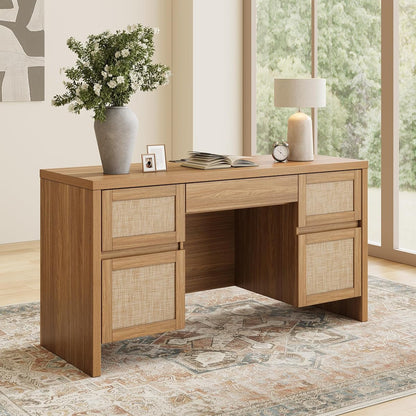 Executive Desk with 5 Drawers, 57" Modern Rattan Home Office Desk with Charging Station, File Drawer, Farmhouse Boho Computer Writing Desk for Study, Work, Walnut Brown