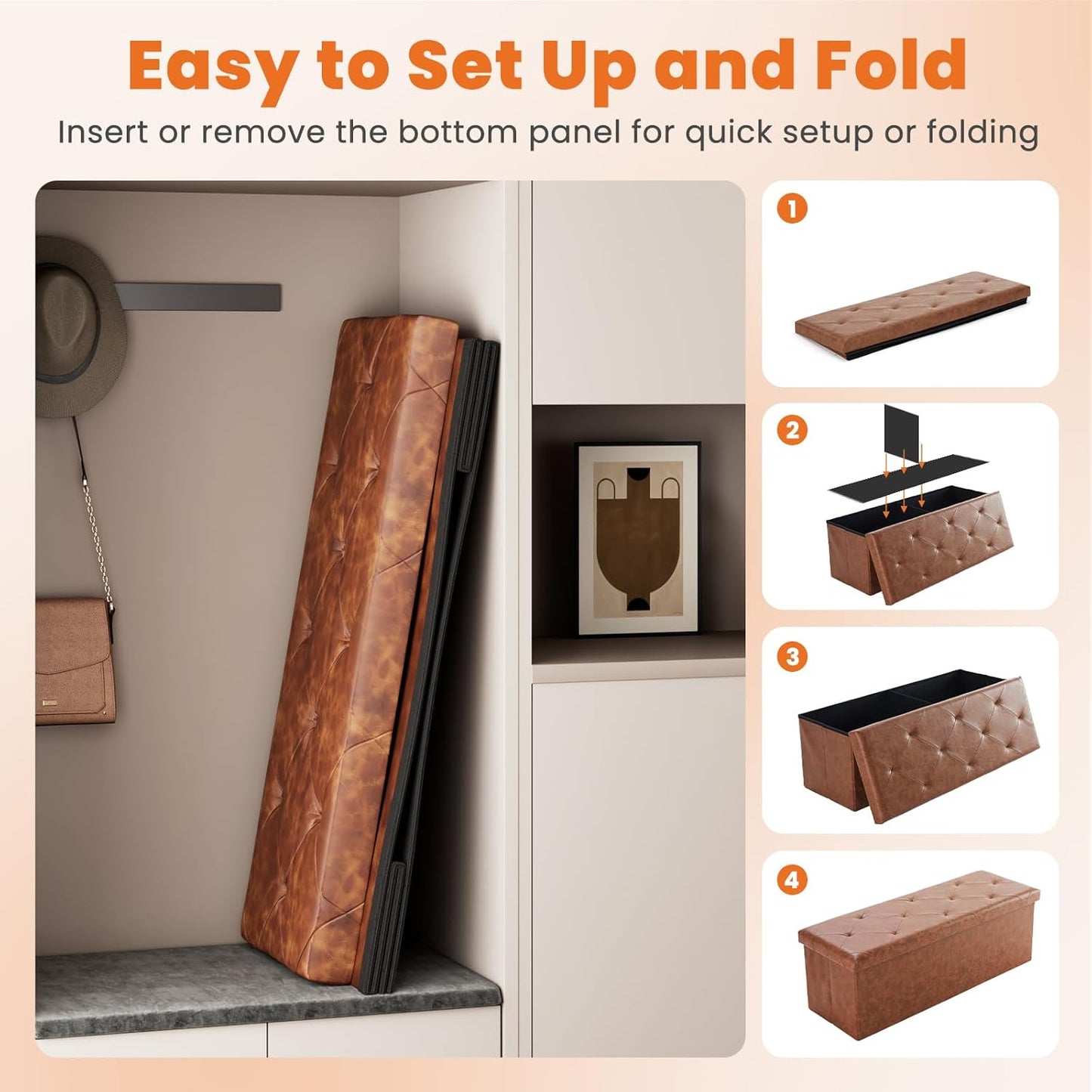 43 Inches Folding Ottoman with Storage Bench, Foot Rest Stool, End of Bed Storage Bench Upholstered, Load 660 Lbs, for Living Room, Synthetic Leather, Brown