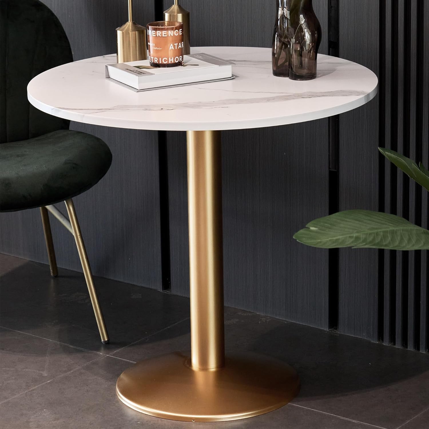 Round Modern Dinning Table 30 Inches Bistro Tulip Table with White Faux Marble Top Gold Sturdy Metal Frame,Easy Assemble,Diameter 30In*H28.54In