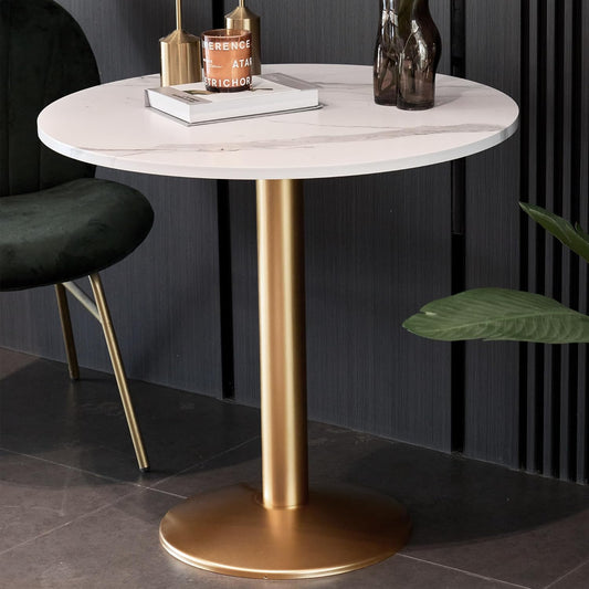 Round Modern Dinning Table 30 Inches Bistro Tulip Table with White Faux Marble Top Gold Sturdy Metal Frame,Easy Assemble,Diameter 30In*H28.54In