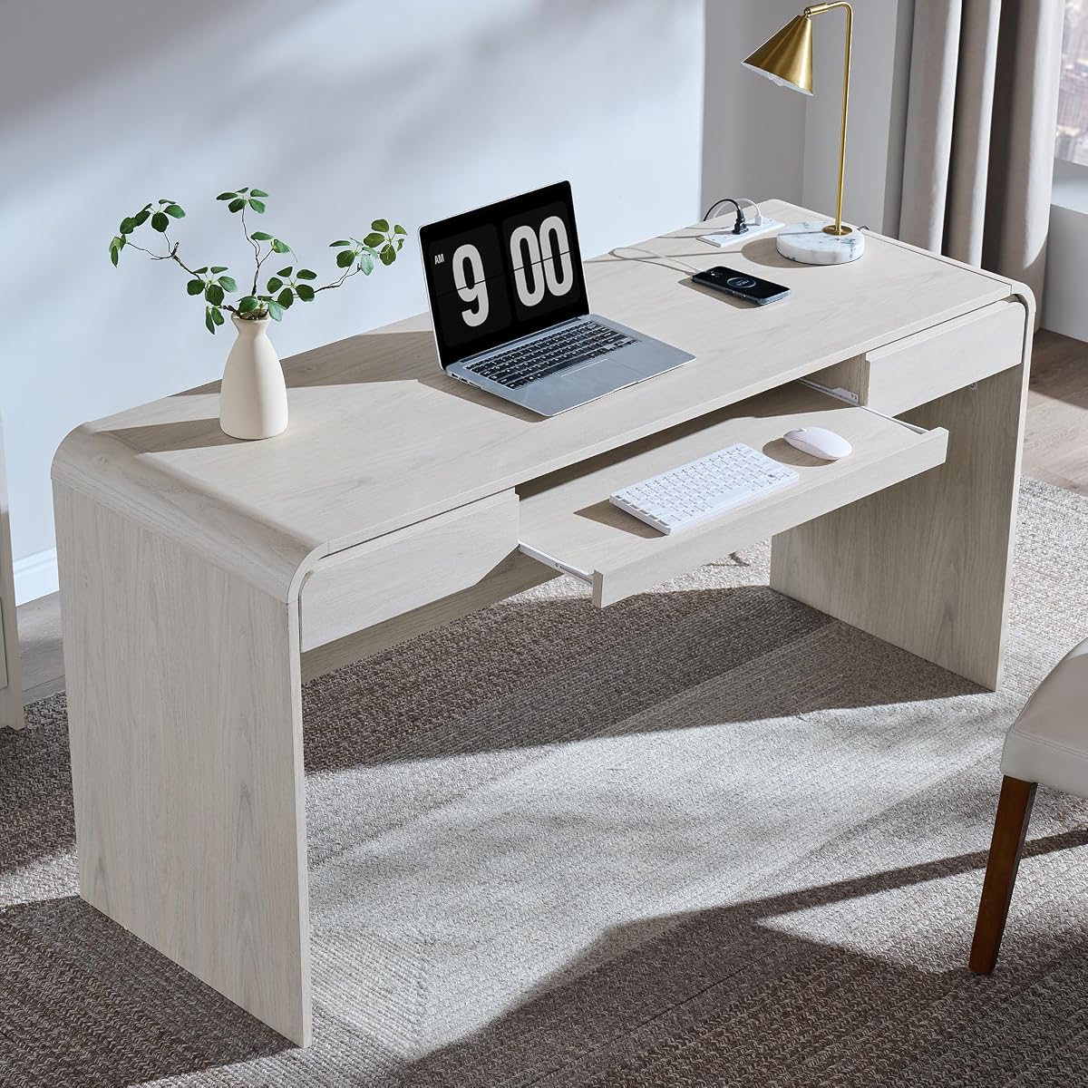 63" Modern Computer Desk with 2 Drawers, Wood Curved (Cream)