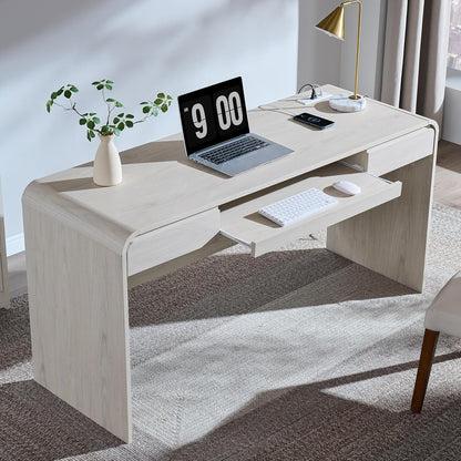 63" Modern Computer Desk with 2 Drawers, Wood Curved (Cream)