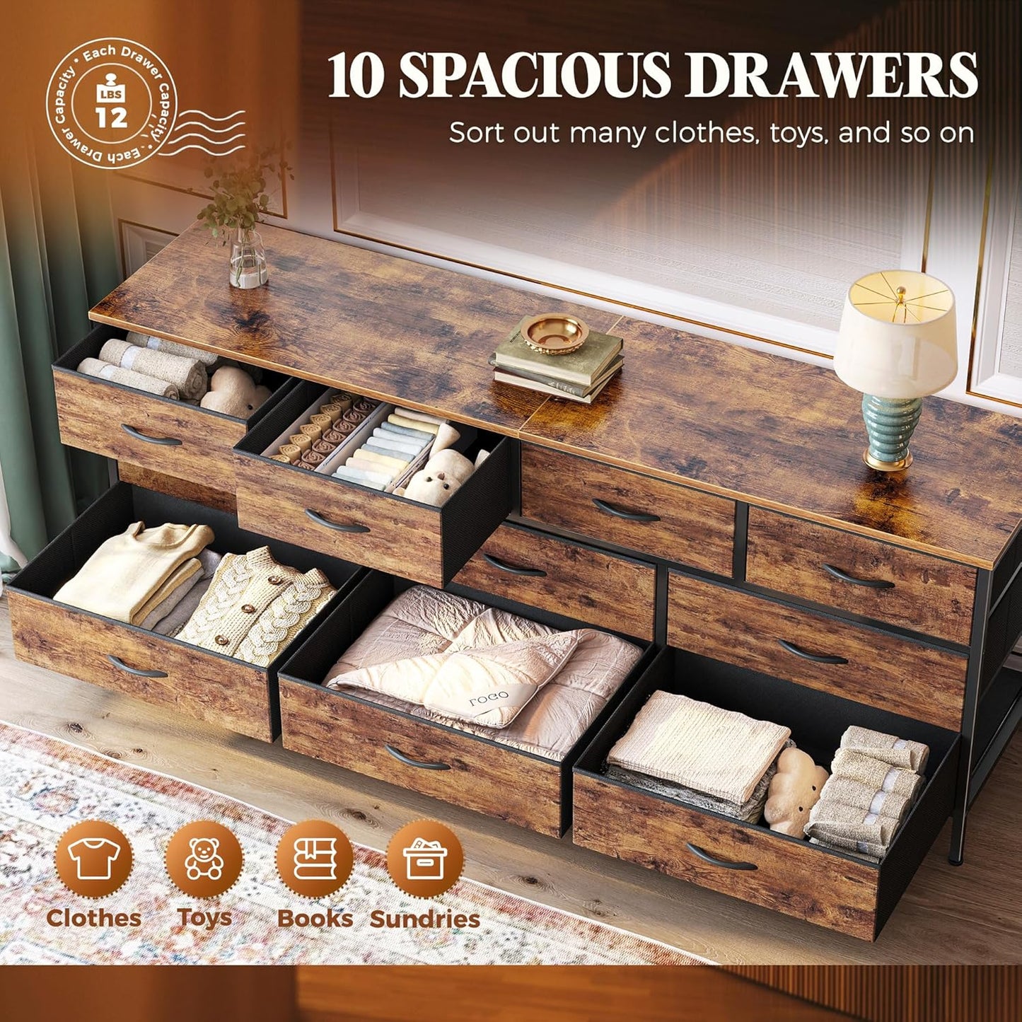 63 Inch Dresser for Bedroom, Long Dresser with 10 Fabric Drawers, TV Stand for 55, 65, 70 Inch TV, Toy Storage Organizer for Closet, Rustic Brown