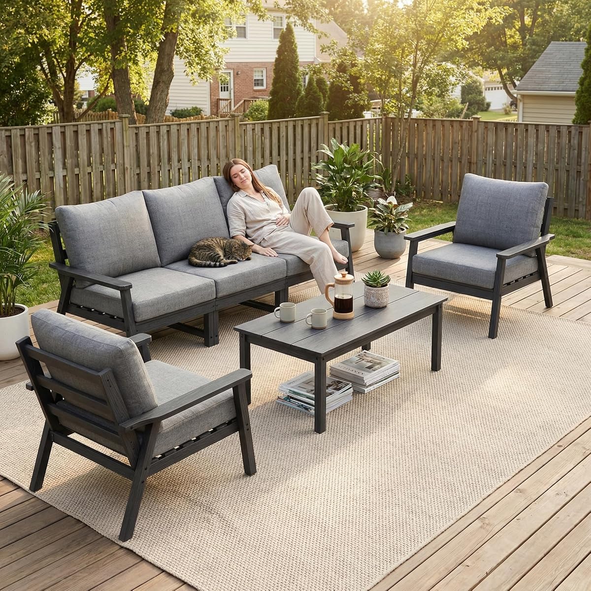 HDPE Patio Furinture Set, 6 Piece Sectional Sofa Outdoor Furniture Set, All Weather Outdoor Couch Set Patio Conversation Set for Deck, Lawn, Grey