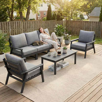 HDPE Patio Furinture Set, 6 Piece Sectional Sofa Outdoor Furniture Set, All Weather Outdoor Couch Set Patio Conversation Set for Deck, Lawn, Grey