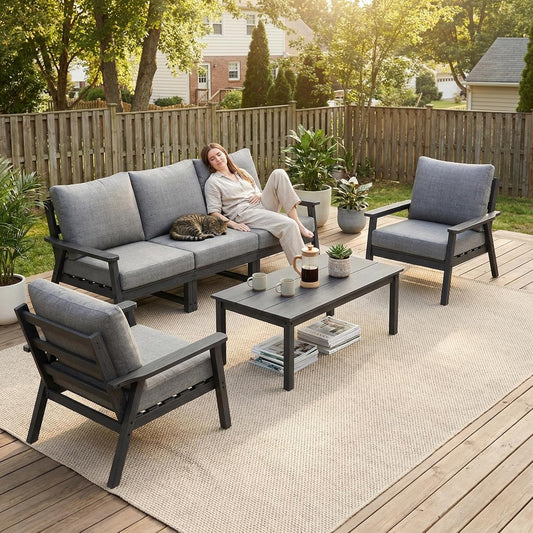 HDPE Patio Furinture Set, 6 Piece Sectional Sofa Outdoor Furniture Set, All Weather Outdoor Couch Set Patio Conversation Set for Deck, Lawn, Grey