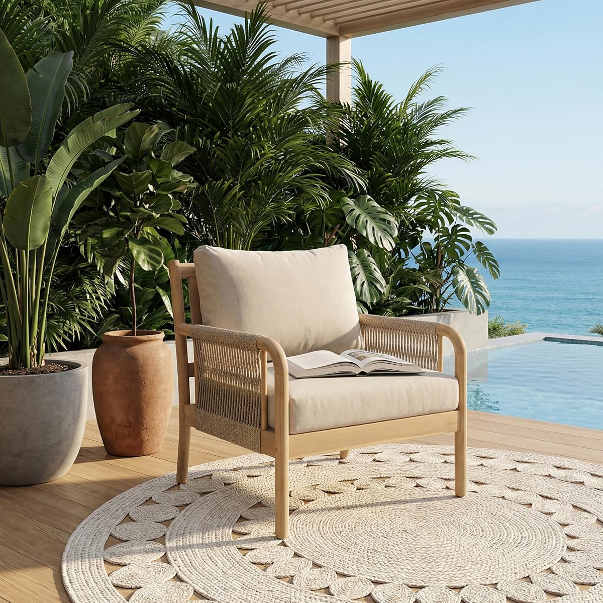 Casper Acacia Wood Lounge Chair Outdoor with Removable Cushion, Wooden Patio Accent Chair with Woven Rope Details, Outdoor Armchair for Patio Furniture Set, Light Teak+Beige