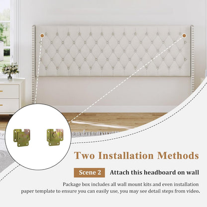King Size Headboard Only, Wingback Wall Mount Headboard King Size for Adjustable Bed Featuring High-Density Sponge Padding, Luxury Texture Easy Assembly Comfort and Style, Ivory