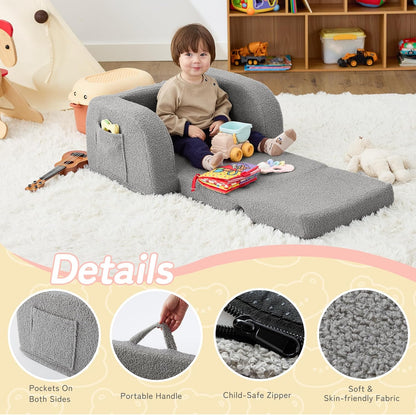 Kids Couch, 2-In-1 Toddler Chairs Comfy 1-3 Years Old, Toddler Couches That Fold Out, Toddlers Sofa for Girls and Boys, Convertible Kids Sofa to Lounge Chair for Playing, Reading, Napping, Grey