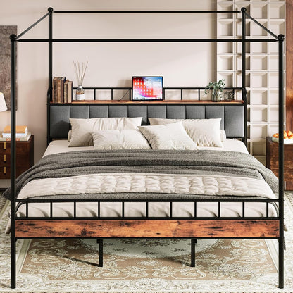 King Canopy Bed Frame, Storage Headboard with Charging Station