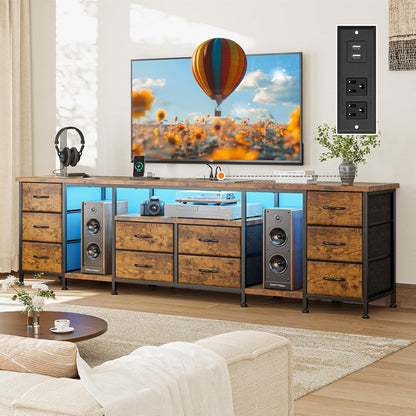 75.5" Long TV Stand for 85/80/75" TVs with LED, Power Outlets & 10 Drawers | Rustic Brown Television Stands with 2 Separate Wood Shelves, Spacious Storage,Sturdy Metal Frame for Bedroom Living Room
