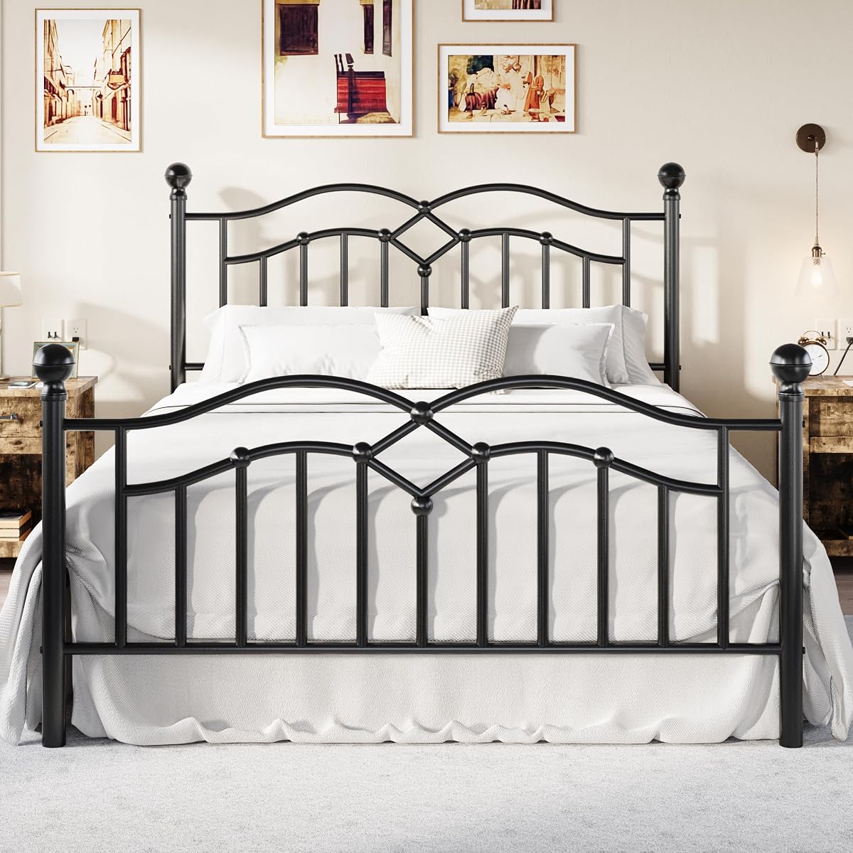 Full Vintage Metal Bed Frame with Headboard, Black