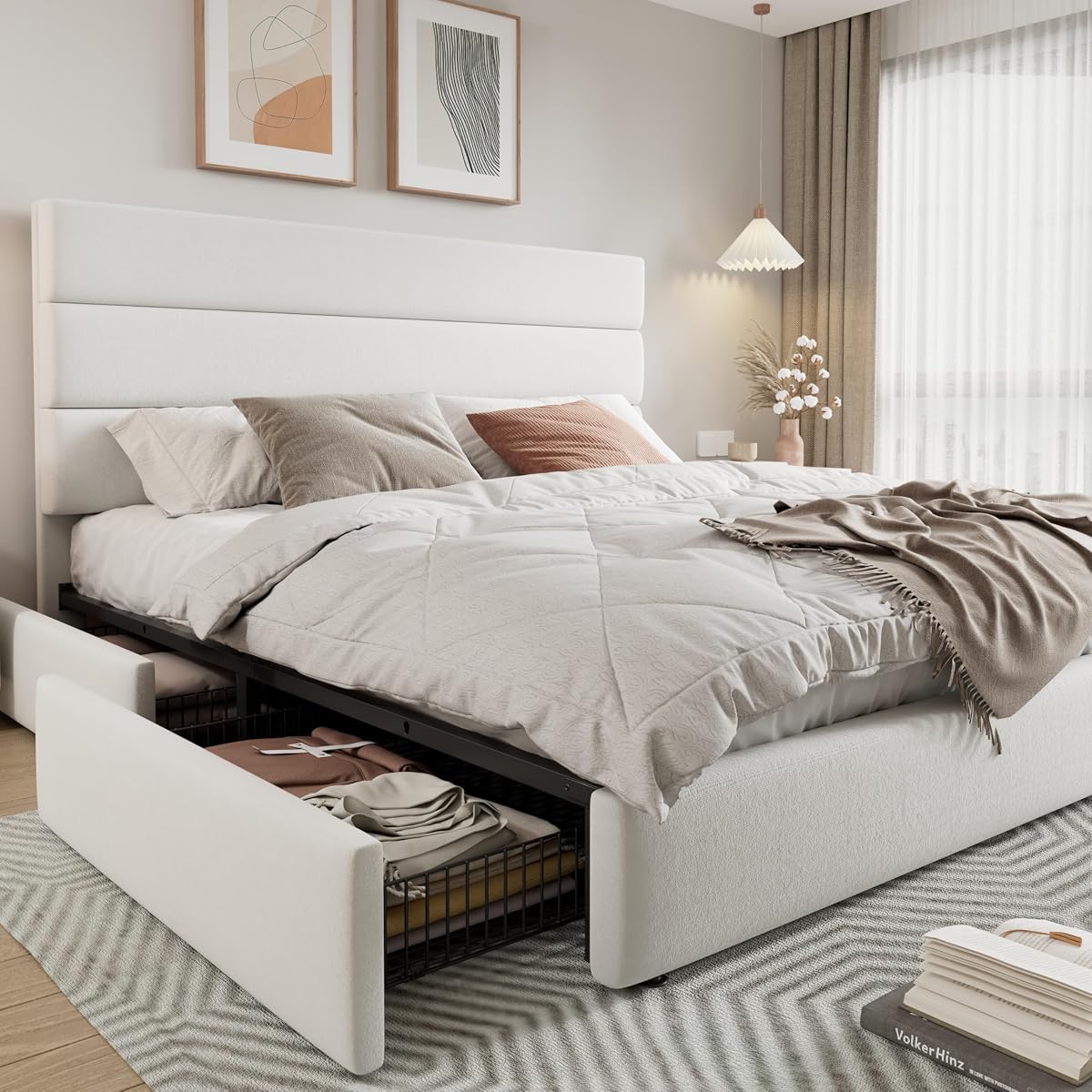 Modern King Size Platform Bed Frame with 4 Storage Drawers