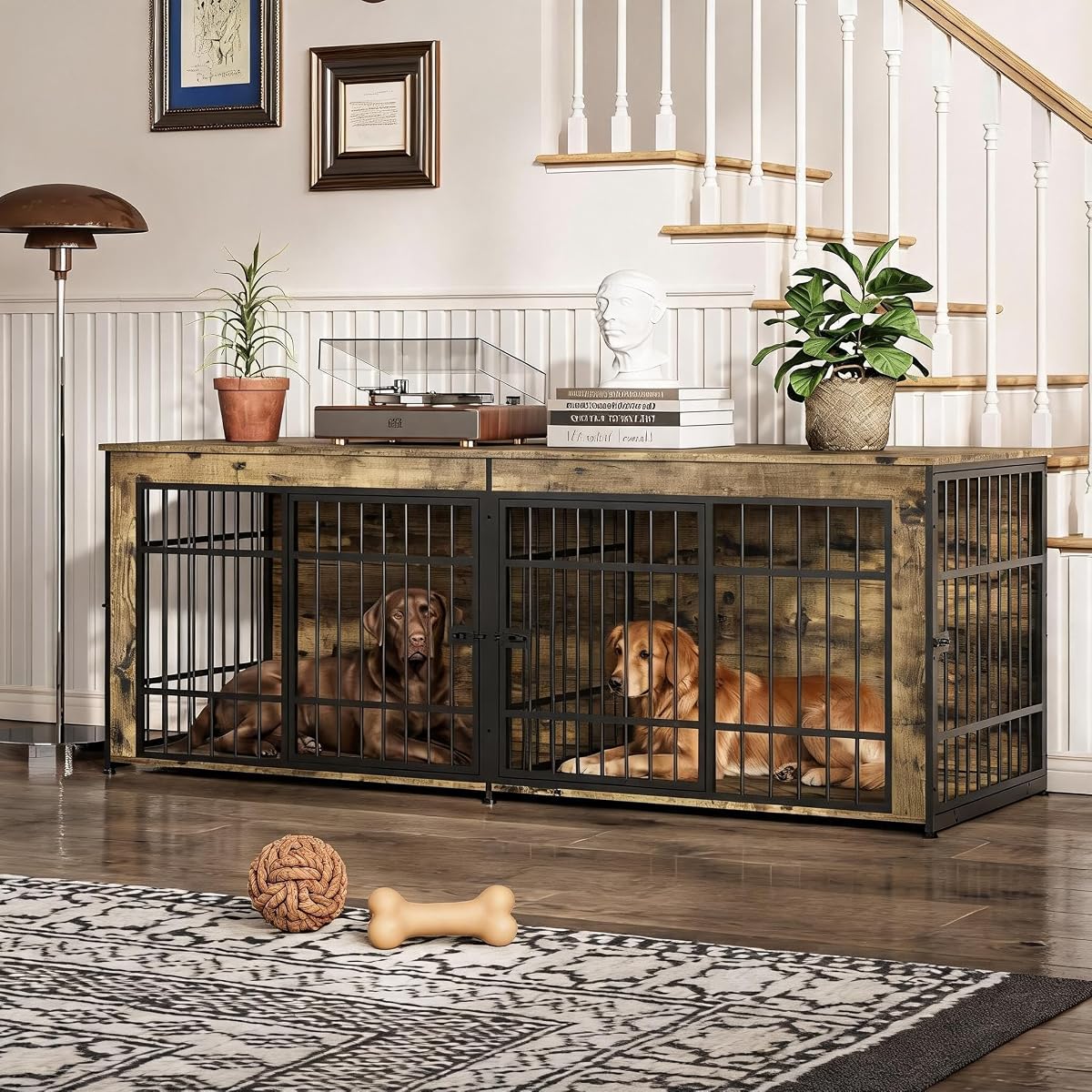 78.7" Double Dog Crate Furniture with Divider, Adjustable Feet