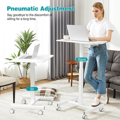 Small Standing Desk Mobile Portable Rolling Laptop PC Table on Wheels Adjustable Height Computer Workstation for Home Office, 19 Inch, Modern White