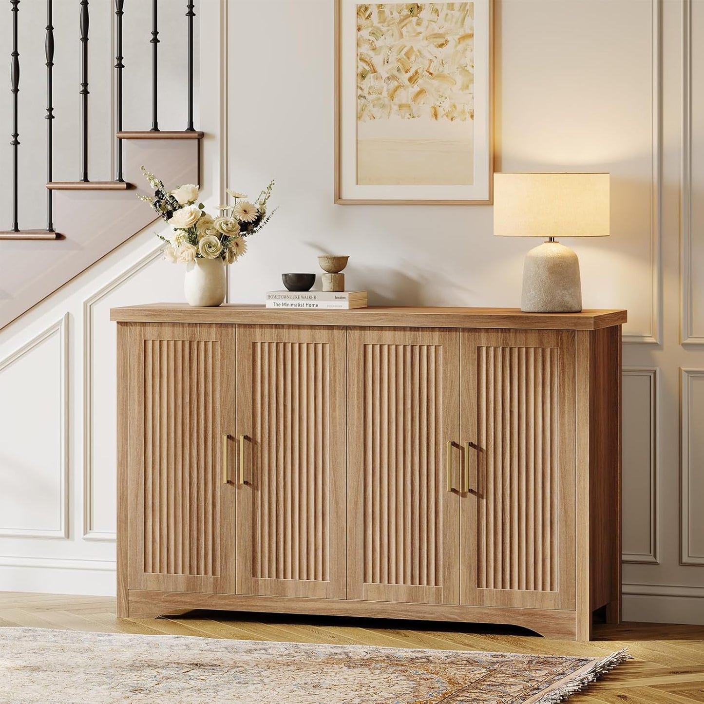 Fluted Buffet Cabinet with Storage Accent Sideboard,Modern Credenza with 4 Doors & Adjustable Shelves,Wood Coffee Bar Table Console for Dining Room Kitchen Living Room Entryway,Natural Oak