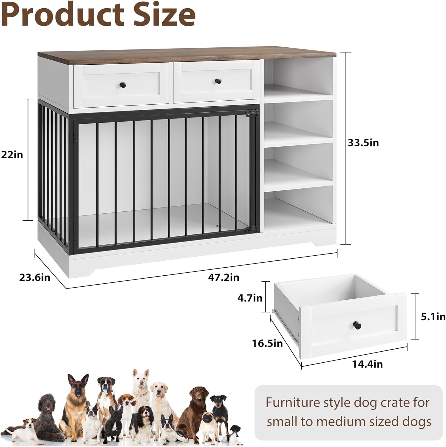 47" Dog Crate Furniture with Drawers & Shelves, Wooden Dog Kennel Furniture TV Stand, Rustic Pet Crate End Table for Medium Large Dogs